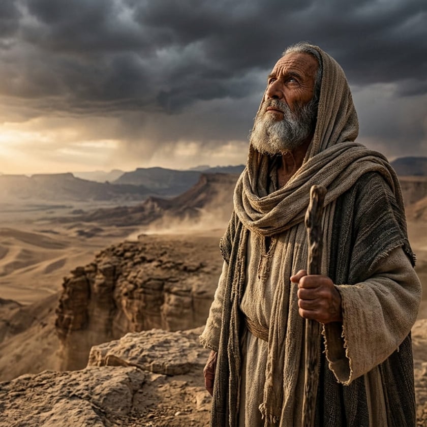 Homem idoso de barba grisalha, com manto e cajado, olha o céu em um deserto.