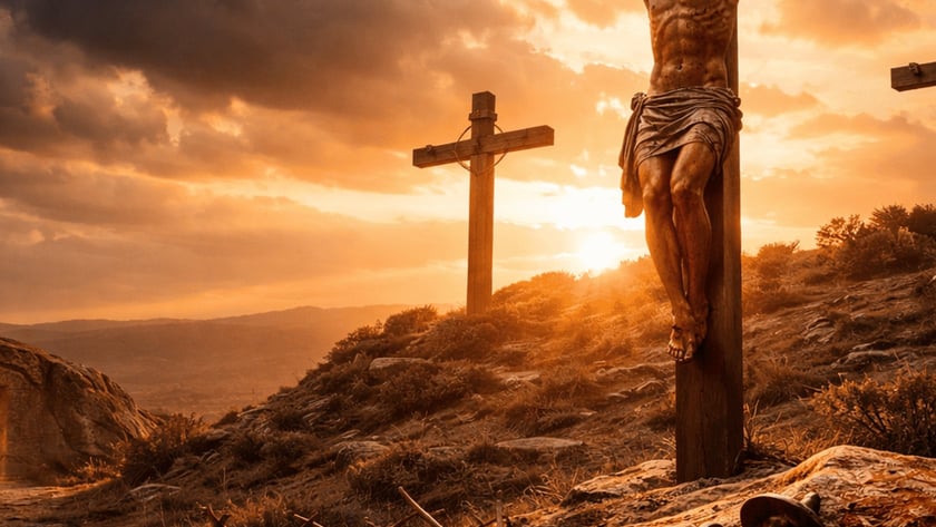 Homem crucificado em uma cruz de madeira numa colina, com duas outras cruzes ao fundo.