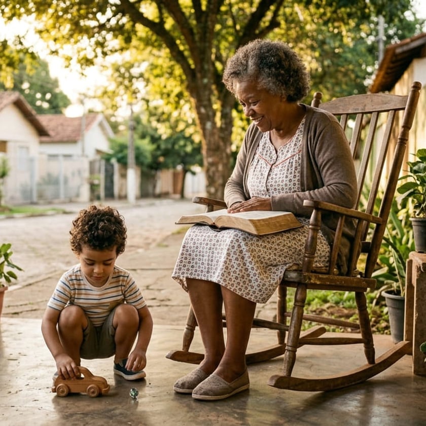 Idosa sentada em cadeira de balanço com livro no colo, ao lado de criança brincando.