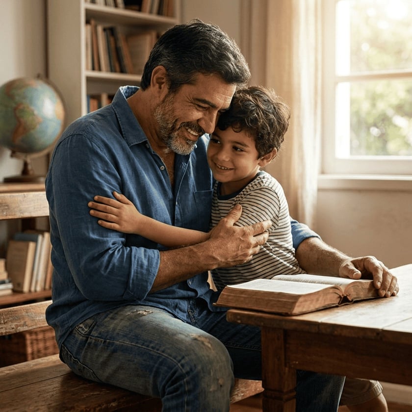 Homem sorridente abraça um menino ao lado de uma mesa com livro aberto.