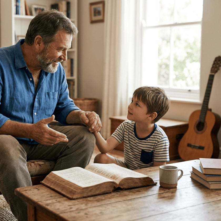 Homem de barba conversa com um menino sentado ao lado de uma mesa com livro aberto.