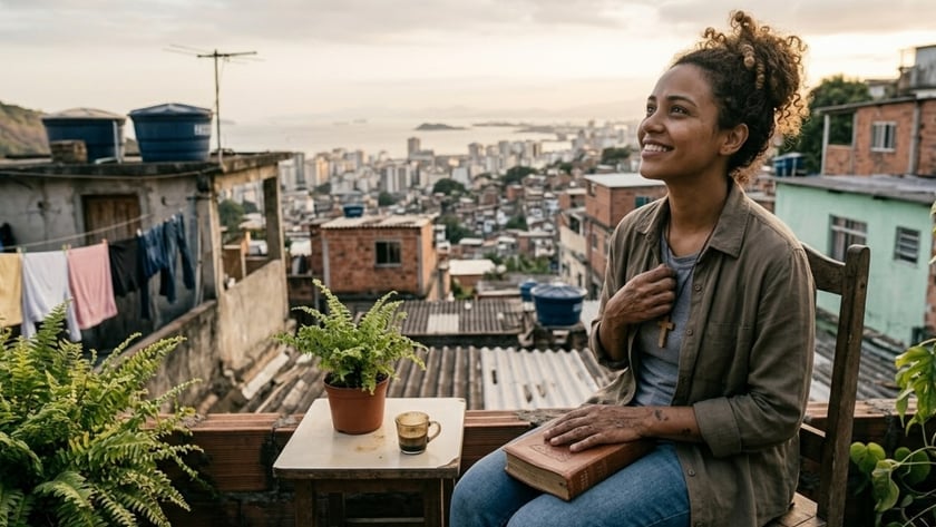 Mulher sorridente com Bíblia no colo e cruz no peito, numa varanda sobre uma favela.