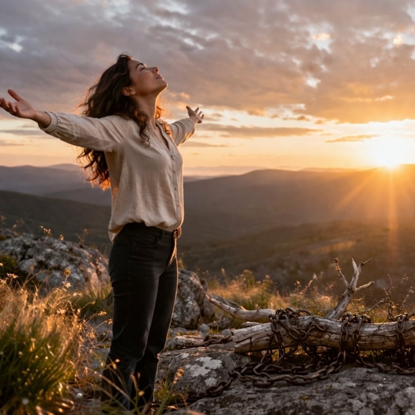 Mulher de braços abertos e rosto erguido em morro ao pôr do sol, com correntes ao lado.