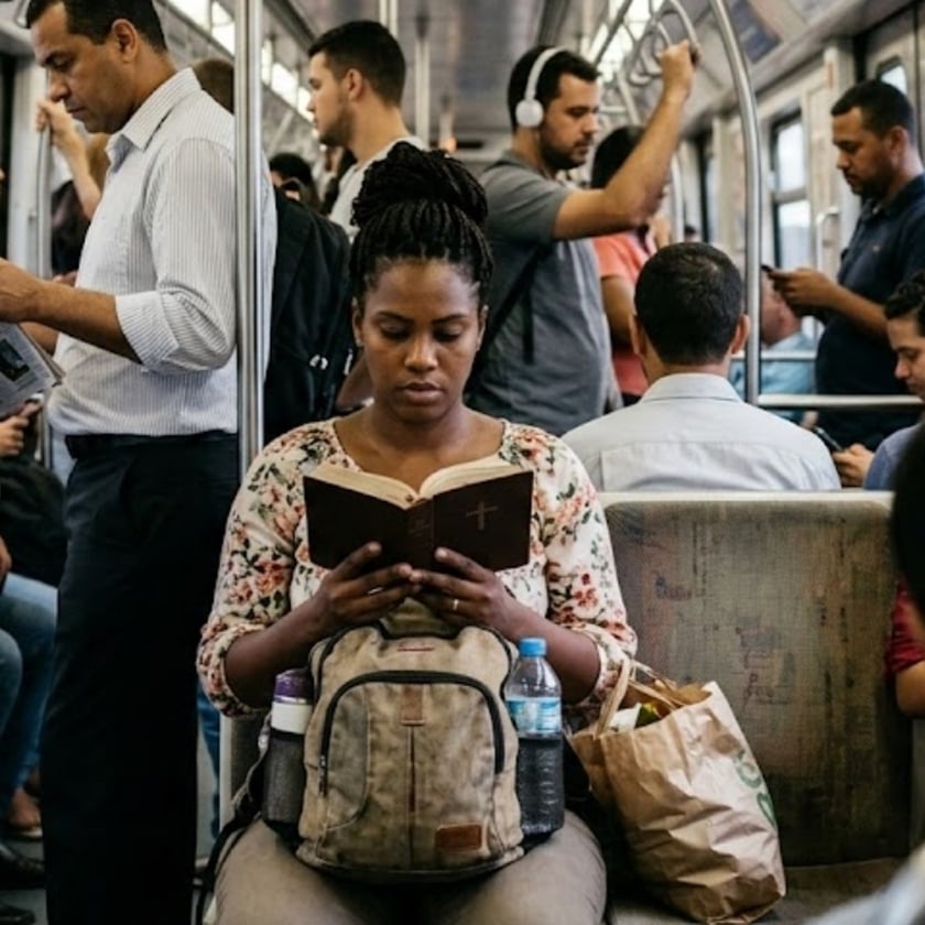 Mulher sentada em vagão de metrô lotado lê uma Bíblia, com mochila no colo.