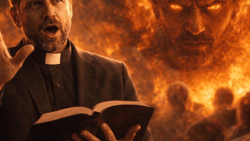 Padre de colarinho clerical lê a Bíblia diante de um rosto demoníaco de fogo e uma multidão.