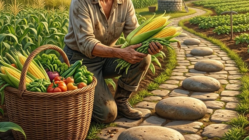 Mulher agachada colhe milho e vagens perto de uma cesta cheia de legumes.