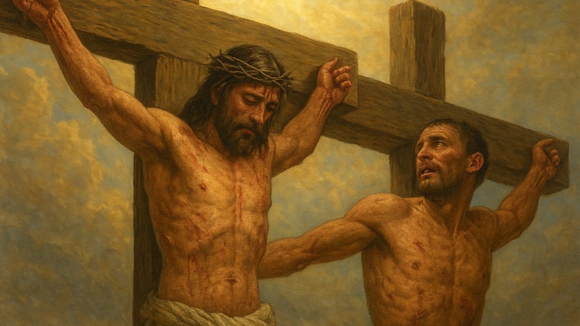 Dois homens seminus crucificados em cruzes de madeira; um tem coroa de espinhos e o outro olha