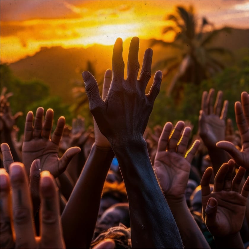 Multidão de mãos erguidas ao pôr do sol, com palmeiras e montanhas ao fundo.