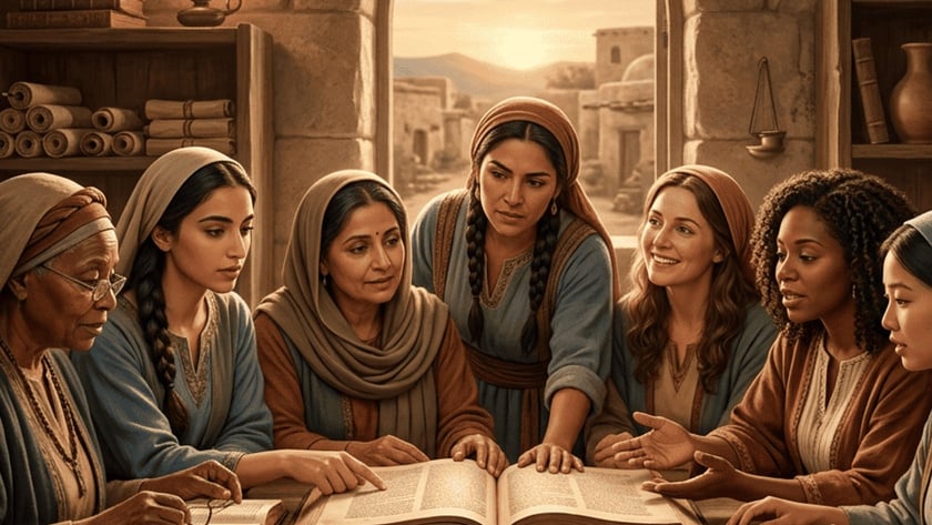 Sete mulheres de diferentes idades conversam ao redor de uma mesa com um grande livro aberto.