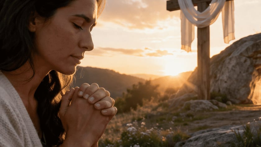 Mulher de cabelos escuros e suéter claro com as mãos unidas, ao lado de uma cruz de madeira.