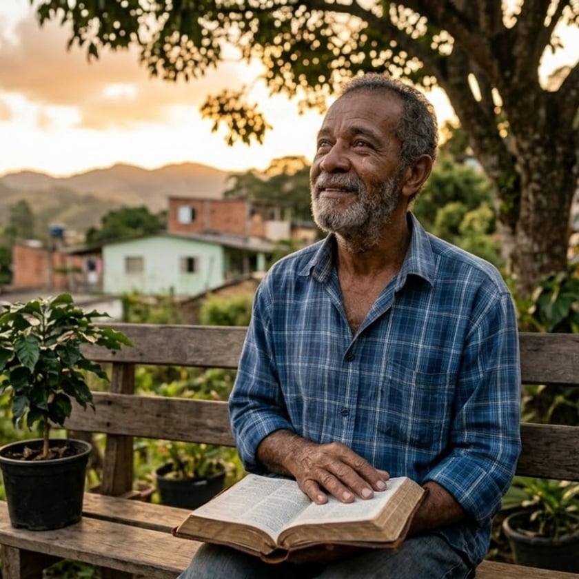 Homem idoso de barba grisalha sentado num banco com uma Bíblia aberta no colo, olhando para cima.