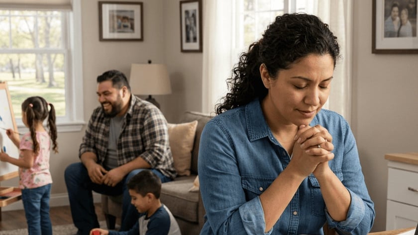 Mulher de olhos fechados e mãos juntas à mesa, com Bíblia; ao fundo, família brinca na sala.