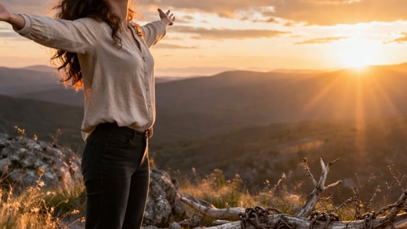Mulher de braços abertos e rosto erguido em morro ao pôr do sol, com correntes ao lado.