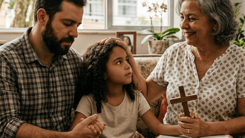 Homem, menina e idosa sentados no sofá, rezando juntos com uma cruz e uma Bíblia.