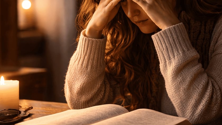 Mulher de cabelo longo e suéter claro cobre o rosto com as mãos diante de um livro aberto.