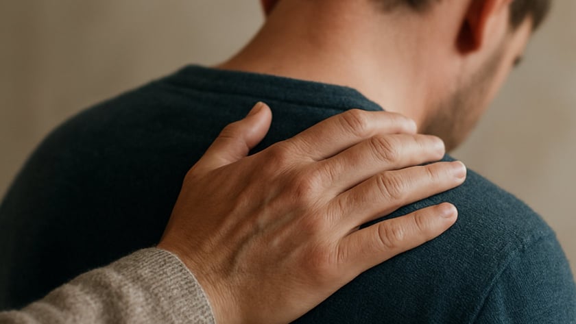 Mão de uma pessoa de suéter bege apoiada no ombro de um homem de costas.