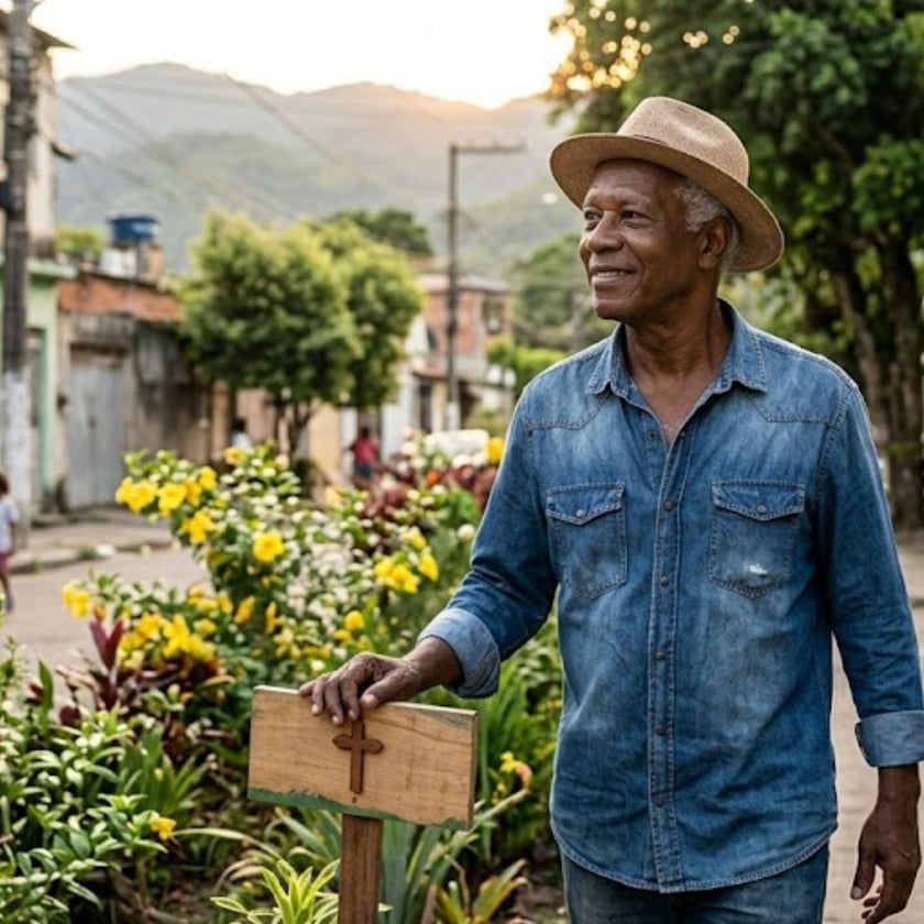 Homem idoso de chapéu e camisa jeans apoia a mão em uma placa de madeira com cruz