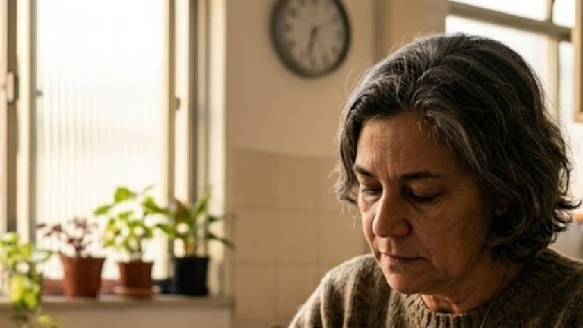 Mulher grisalha de suéter escreve em uma agenda sobre a mesa, perto da janela.