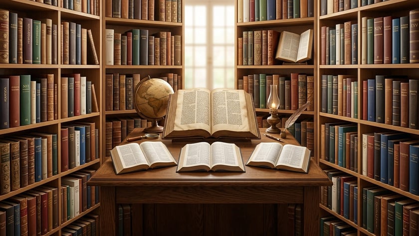 Mesa de madeira com livros abertos, globo, lamparina e pena, entre estantes cheias de livros.