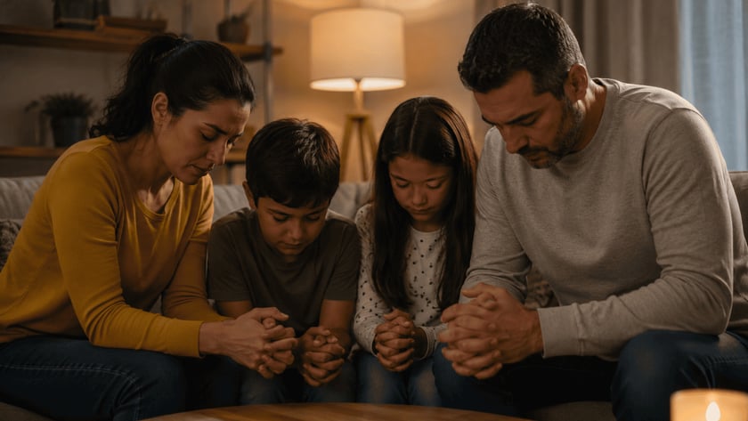 Homem e duas crianças sentados no sofá, de cabeça baixa e mãos unidas, rezando.