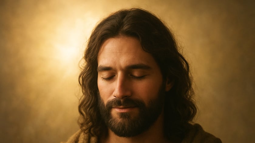 Homem de cabelos longos e barba, olhos fechados, usa túnica clara e manto marrom.