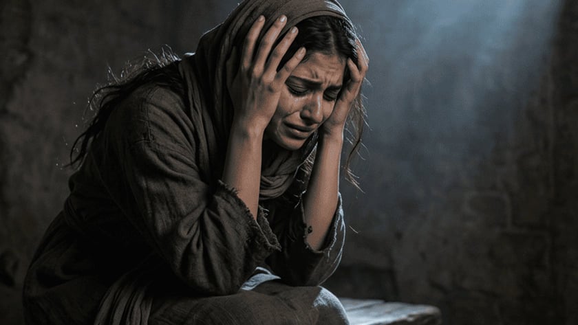 Mulher de lenço na cabeça chora com as mãos na cabeça, sentada em cela com janela gradeada.