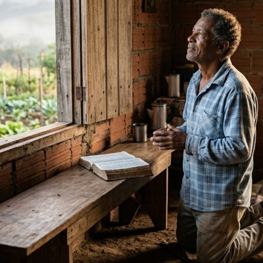 Homem ajoelhado com as mãos unidas, olhando para cima, ao lado de uma Bíblia aberta.