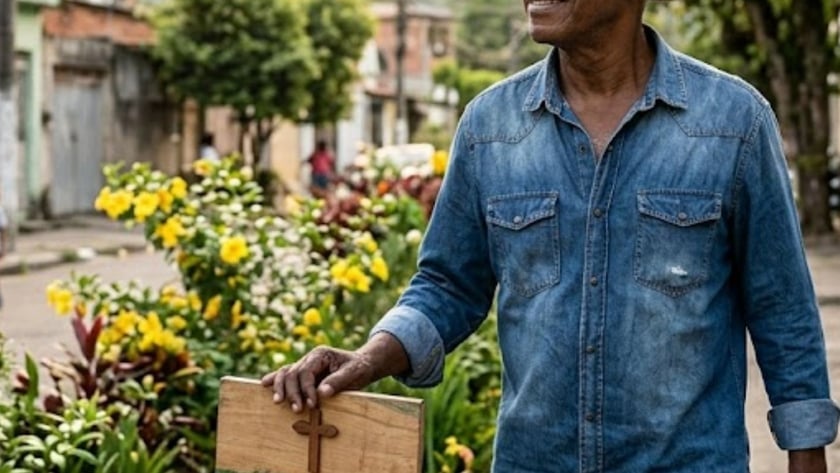 Homem idoso de chapéu e camisa jeans apoia a mão em uma placa de madeira com cruz