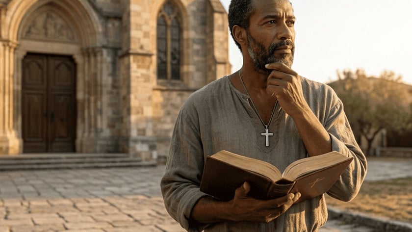 Homem de barba segura uma Bíblia aberta diante de uma igreja de pedra.