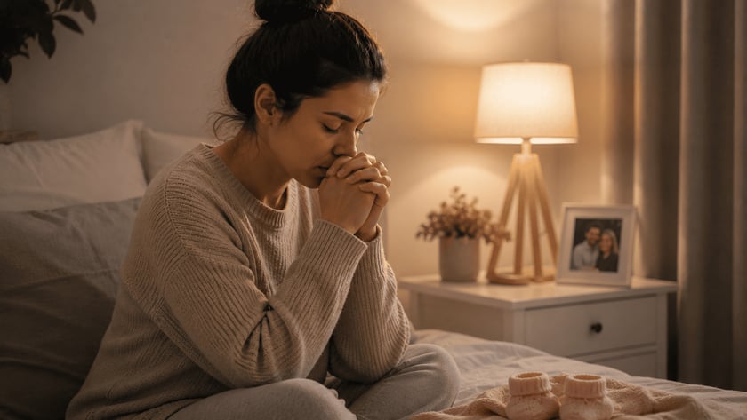 Mulher de coque e suéter bege, de olhos fechados e mãos unidas, sentada na cama.
