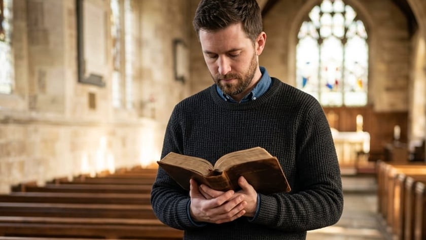 Homem de barba lê uma Bíblia antiga em uma igreja, ao lado de um pote de moedas.