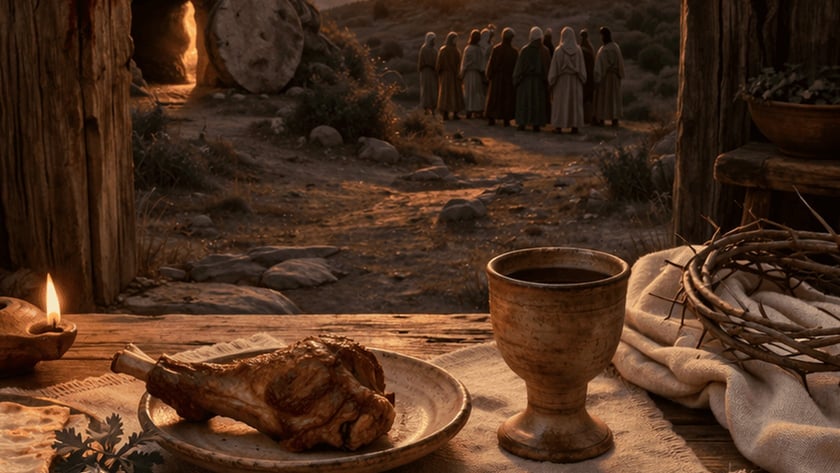 Mesa com cordeiro assado, pães e cálice; ao fundo, três cruzes, túmulo aberto e mulheres.