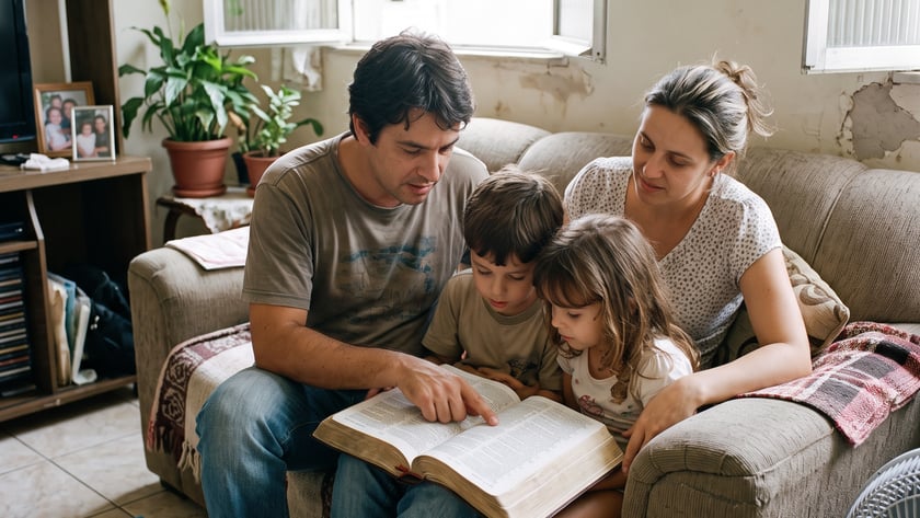 Família de quatro pessoas no sofá da sala, com um homem apontando uma Bíblia aberta.