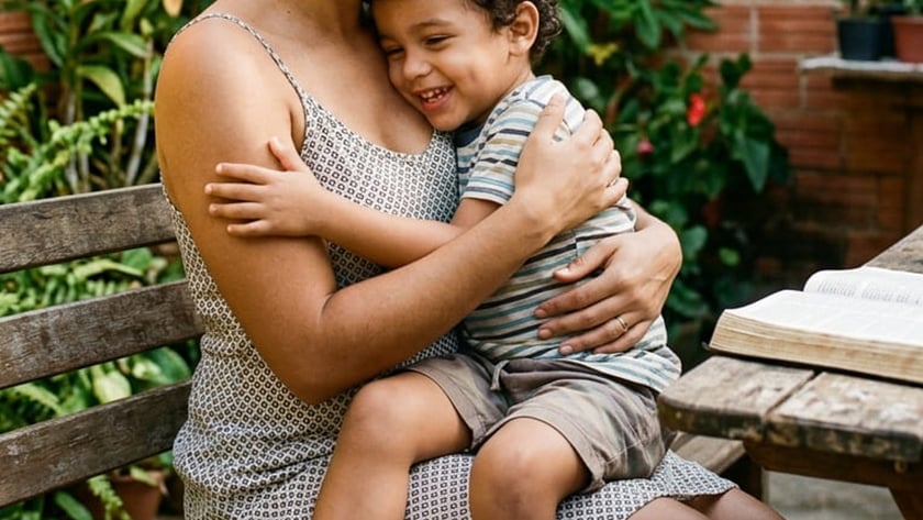 Mulher sorridente abraça um menino pequeno em um banco, em um quintal com plantas.