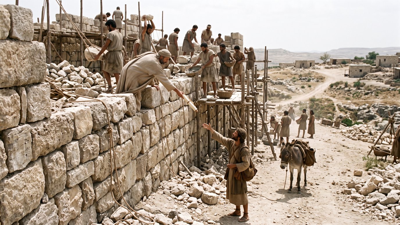 Operários constroem um muro de pedra com andaimes enquanto um homem ao lado de um burro faz sinal.