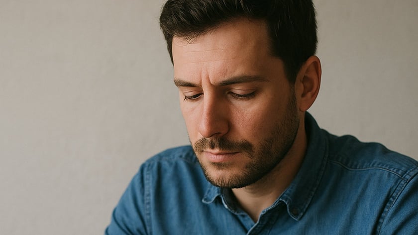 Homem de barba curta e camisa jeans, sentado à mesa, olha para as mãos entrelaçadas.