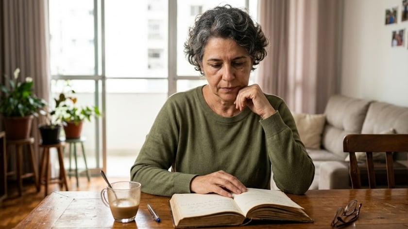 Mulher de cabelo grisalho e suéter verde lê um livro aberto à mesa.
