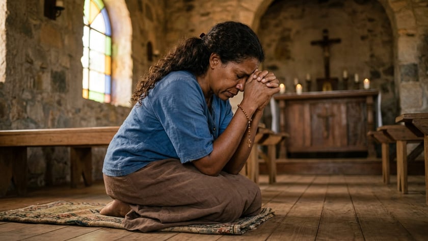 Mulher ajoelhada em uma igreja de pedra, com as mãos postas e um terço no pulso.