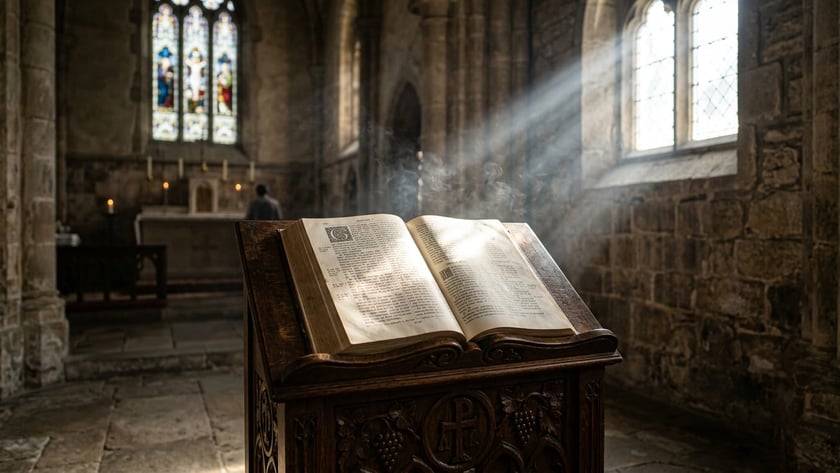 Bíblia aberta sobre estante de madeira entalhada em uma igreja de pedra