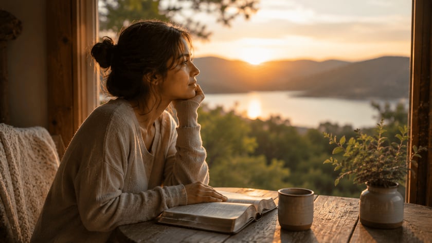 Mulher de cabelo escuro, apoiada numa mesa de madeira com livro aberto e caneca, olha o lago.