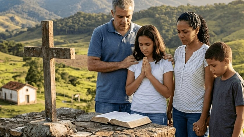Família de quatro pessoas reza diante de uma Bíblia aberta sobre muro de pedra, ao lado de uma cruz.