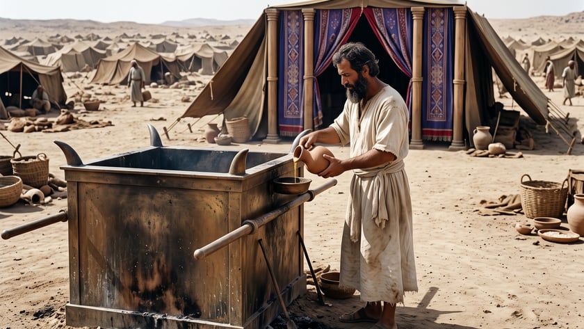 Homem barbudo despeja líquido de um jarro em um altar de bronze, diante de uma tenda no deserto.