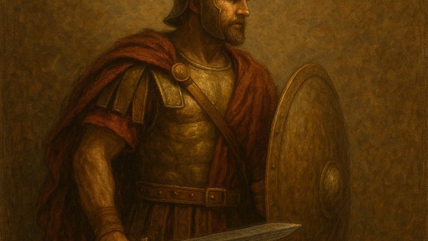 Soldado romano de capacete com crista, capa vermelha, espada e escudo redondo.