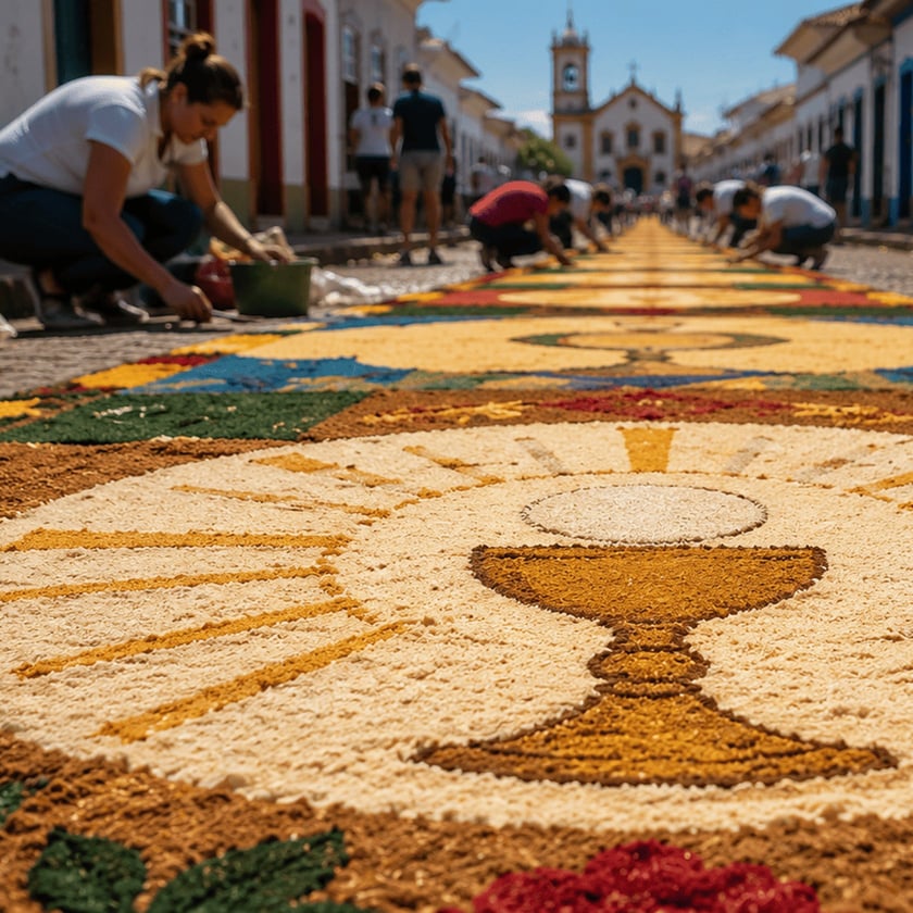 Pessoas agachadas montam tapete colorido com cálice dourado em rua de casarões e igreja.