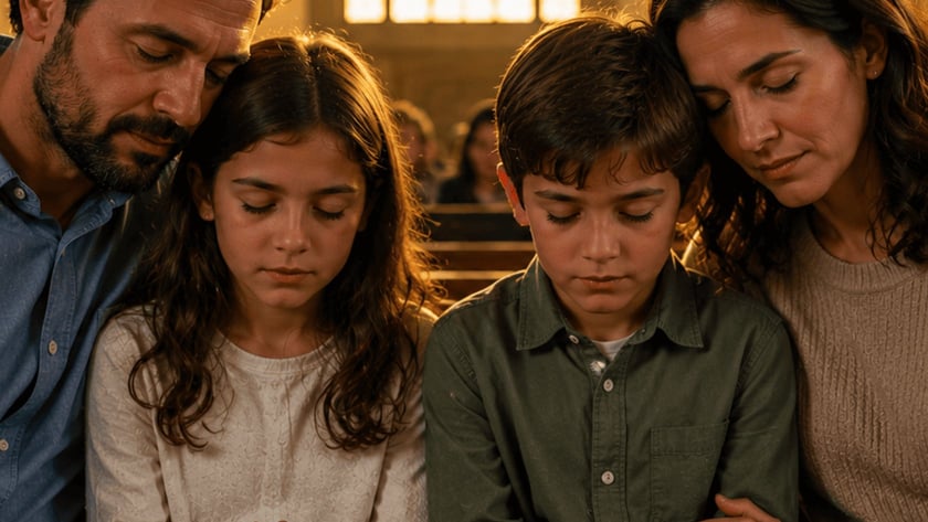 Família com pai, mãe e dois filhos reza de olhos fechados em um banco de igreja.