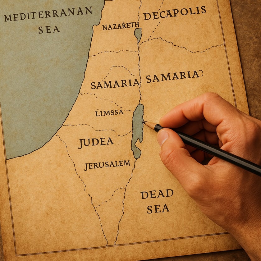 Mão segura lápis sobre mapa antigo com Judeia, Samaria e Jerusalém: "DEAD SEA".