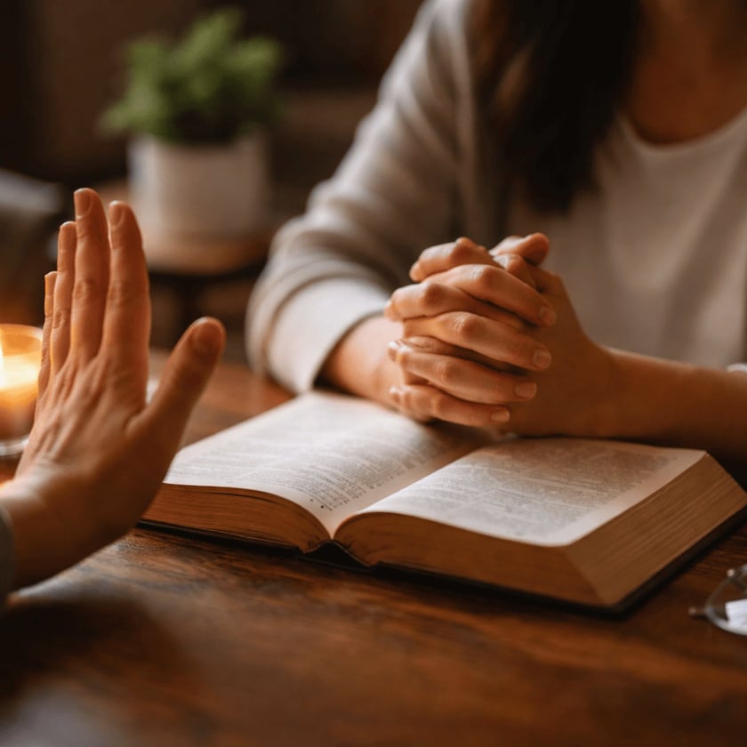 Uma mão espalmada recusa, enquanto outra pessoa de mãos unidas está diante de uma Bíblia aberta.