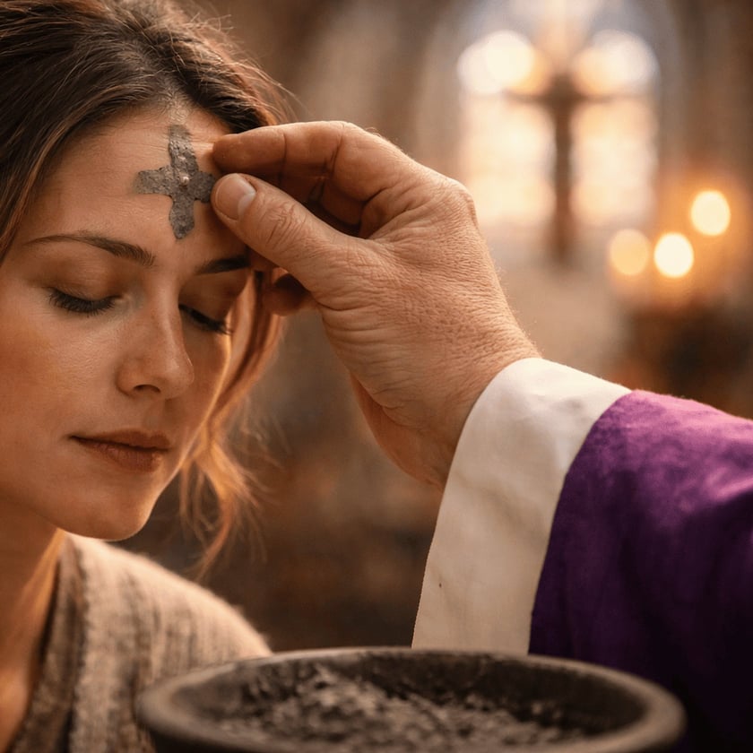 Padre com veste roxa marca uma cruz de cinzas na testa de uma mulher.