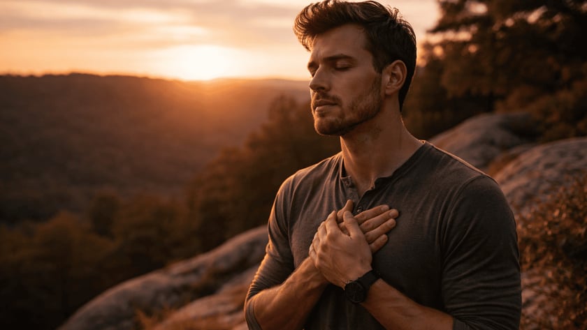 Homem de olhos fechados e mãos sobre o peito, em um mirante rochoso ao pôr do sol.