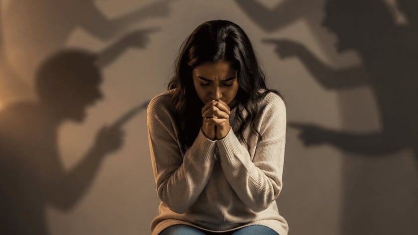Mulher ajoelhada com as mãos unidas diante de sombras de pessoas apontando dedos na parede.